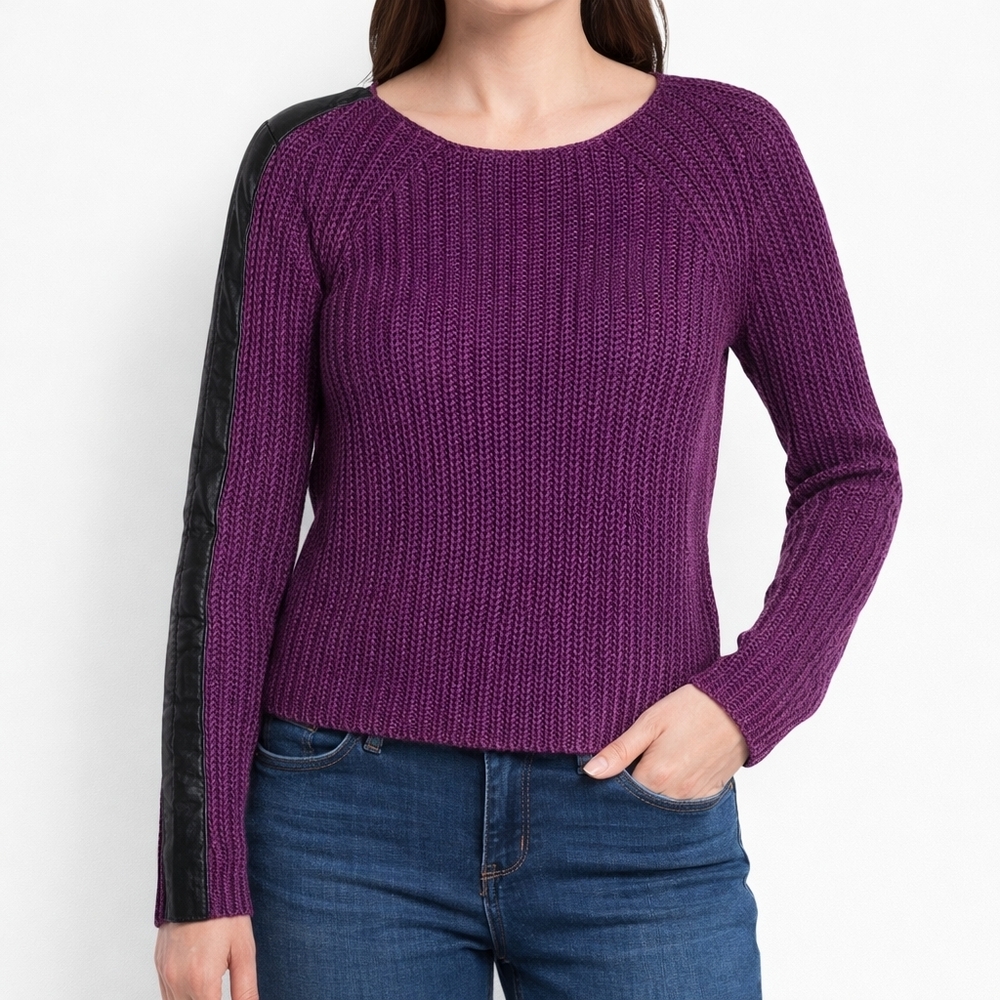 Bisou Bisou Crewneck Sweater Faux Leather Trim Medium